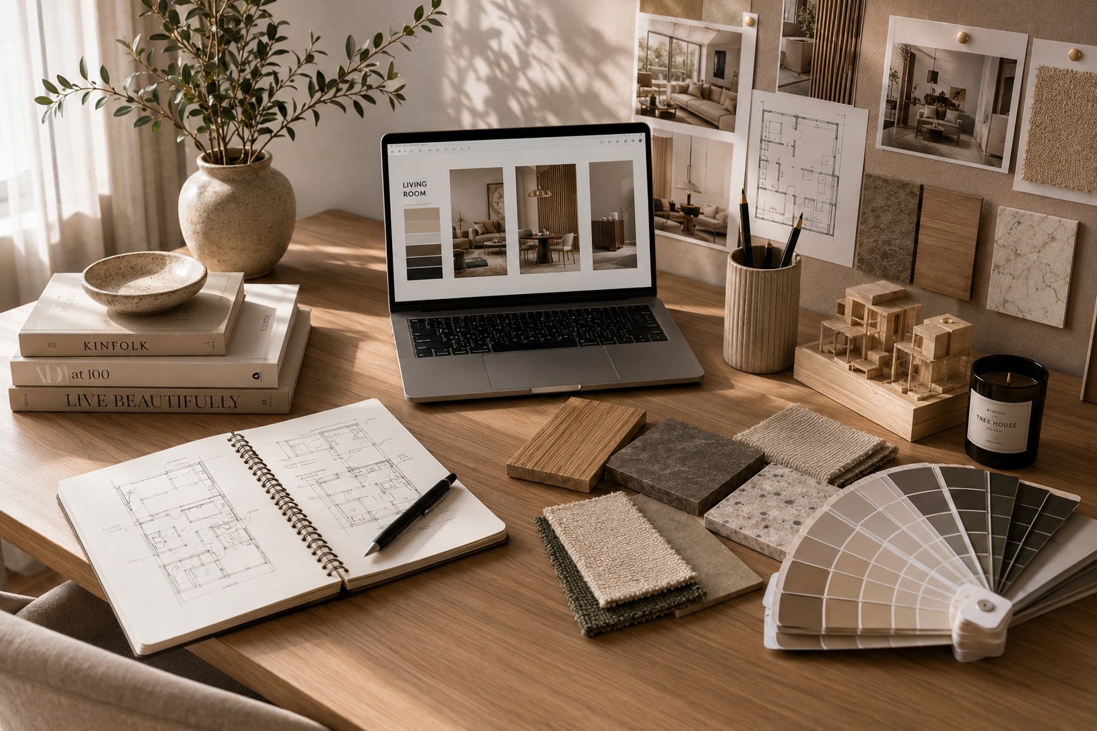 Interior Design Arbeitsplatz mit Moodboards, Materialmustern und Plänen